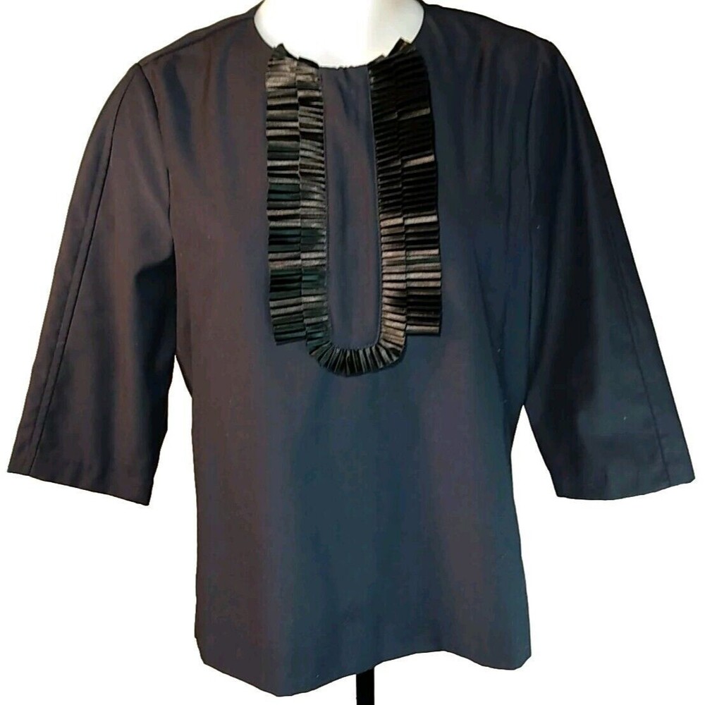 lucy paris women navy blue 3/4 sleeve Pleated Neck‎ top Size Large